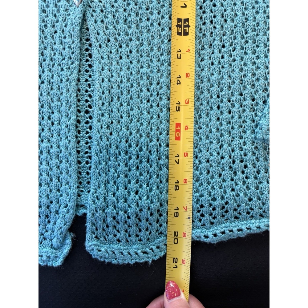 Sigrid Olsen Cardigan Sweater~L~Turquoise Crochet Knit Linen Bld 2 Button Resort - Picture 8 of 15